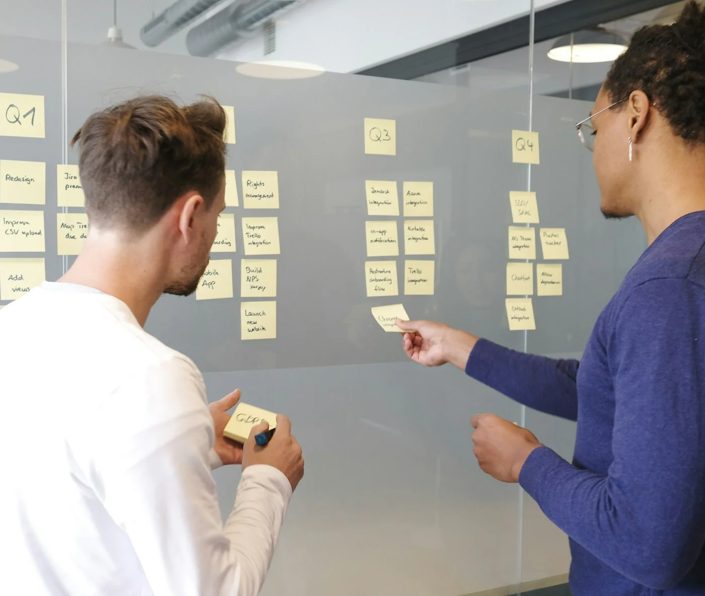 A team mapping a workflow on a whiteboard